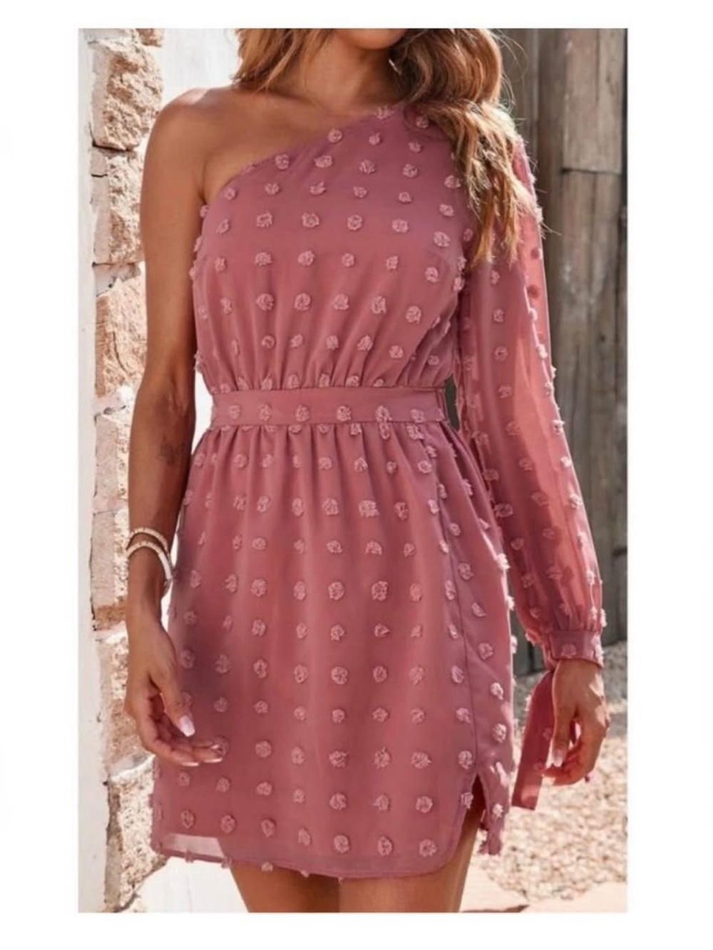 Pink Lily One-Shoulder Dusty Rose Textured Mini Dress